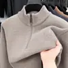 Suéter masculino grosso de peça única com forro de fleece, atacado transfronteiriço, inverno, zíper parcial, casual, cor sólida, versátil, malha base