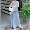 Conjunto Elegante de Duas Peças para Mulheres, Colete Leve Estilo Suave Azul, Calça de Perna Larga Casual Nova para o Verão