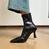 Combina bem com um casaco~Botas femininas curtas elásticas de bico fino francês, botas de salto alto fino, botas de cano curto elegantes
