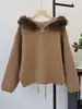 Cárdigan de Lana de Doble Cara con Cremallera Doble y Capucha Otoño/Invierno Nuevo Holgado Casual Versátil Suéter Abrigo de Moda para Mujer