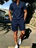 Conjunto de verão transfronteiriço novo europeu e americano para homens, camiseta de manga curta, camisa henley, shorts casuais largos, conjunto de cor sólida de manga curta