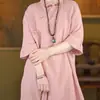 Nuevo top de algodón y lino estilo chino de longitud media con cuello mao y cierre de botones, nueva prenda versátil de verano para mujer, holgada y vintage