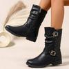 Comercio Exterior Estilo Europeo y Americano Talla Grande Botas Vaqueras Occidentales de Media Pantorrilla para Mujer Nueva Moda Cadena Remache Tacón Grueso Botas de Jinete Deseo
