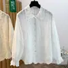 Toma real de camisa de mujer con bordado pesado de principios de otoño con encaje artístico, chaqueta de manga larga de un solo botón, top cárdigan protector solar