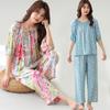 Pijama de Algodão e Seda para Mulheres, Verão, Mulheres de Meia-Idade, Tamanho Grande, Calça de Manga Média, Conjunto de Algodão Artificial, Roupas Caseiras Soltas para Mãe