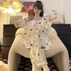 Pijama de Algodão Nuvem para Mulheres na Primavera e Outono Estilo Princesa Coreana Calça de Manga Longa Solta Tamanho Grande Conjunto de Roupas para Casa Pode Ser Usado Fora