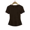 6059-25 Primavera Nuevo Estilo Chica Picante Americana Sexy Hueco Sin Espalda Corto Cuello Redondo Manga Corta Camisa de Espalda Camiseta