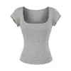Camiseta feminina Tencel semi-transparente, desejo puro, gola U larga, mostra a clavícula, manga curta, chic e bonita para o verão, top versátil sexy slim-fit