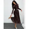 Comércio Exterior Roupas Femininas Amazon Transfronteiriço 2026 Novo Elegante e Estiloso Vestido Longo de Manga Longa com Bolinhas Slim Fit Gola Redonda com Laço