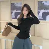 Blusa de base de tricô para mulheres, novo estilo para outono e inverno, gola redonda, caimento justo, apertada, blusa para usar por baixo, preta