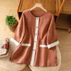 Tiro real 2026 Verano Nuevo Holgado Artístico Retro Manga Corta Bloque de Color Algodón Lino Cuello Redondo Cárdigan Camisa Mujer