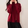 Estilo Otoño e Invierno Suéter Sencillo y Artístico de Cuello Alto con Diseño de Botones Asimétricos y Mangas Caídas