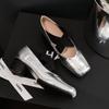 Sapatilhas Prateadas para Mulheres, Sapatos Mary Jane Estilo Ballet em Couro Genuíno, Sapatos de Salto Alto Versáteis para Mulheres, Sapatos Rasos Estilo Retrô Francês