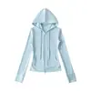 Lulu primavera verano cintura fruncida fitness chaqueta con capucha de doble cremallera estilo americano delgada corta con capucha corte ajustado cárdigan deportivo