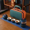 Bolsa de Couro com Tela Bicolor de Toque Vintage, Conjunto Completo de Chá para Viagem, Conjunto de Cerâmica Portátil para Exterior, Lembrança