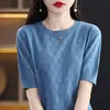 Moda cuello redondo hexagonal color sólido hueco jersey manga abullonada holgado casual primavera y verano algodón tejido para mujer manga corta