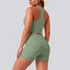 Conjunto de Roupa Esportiva Europeia e Americana para Mulheres: Top Regata Costurado Nervurado Racerback, Shorts Apertados de Secagem Rápida, Conjunto Casual para Corrida, Fitness, Yoga
