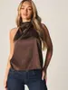 Bestseller transfronteiriço europeu e americano: Top de seda de alta qualidade com gola halter e babados, gola alta, ombros à mostra, corte solto, blusa modeladora e elegante