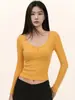 Camiseta de manga larga con cuello en forma de corazón para mujer, corte ajustado, favorecedora, camiseta de hombro normal para mujer, top básico elegante y versátil de manga larga para principios de otoño para mujer