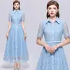 Vestido de Encaje Bordado Elegante Transfronterizo 2026 con Cuello Camisero, Mangas Cortas, Corte Ajustado, Ceñido a la Cintura, Vestido de Línea A Adelgazante con Cinturón