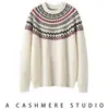 Suéter Jacquard Fair Isle Gola Redonda de Caxemira para Mulheres SimpleRetro Inverno Porto, Tricô Preguiçoso e Macio