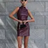 Ropa Europea y Americana Transfronteriza Moda 2024 Ajustado Exportación Vestido Otoño e Invierno Piel Sintética Minifalda Nightclub Color Sólido