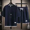 Conjunto casual de tricô waffle para homens, camiseta casual de manga curta soltinha de verão para homens combinada com shorts esportivos estilosos/peça