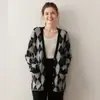 Cardigan de Cashmere Grande em Forma de Diamante com Blocos de Cor e Decote em V para Mulheres no Outono e Inverno, Suéter Exterior de Malha de Comprimento Médio Relaxado e Solto
