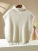 Chaleco cálido de cuello alto con forro polar suave y mangas ajustadas, capa interior de punto, top suave para mujer de otoño e invierno en azul