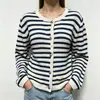 Suéter feminino outonal transfronteiriço europeu e americano, jaqueta cardigã de tricô com botões, gola redonda, bloqueio de cores listrado, Amazon para mulheres