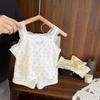 Conjunto de Ropa para el Hogar de Verano para Niñas Bebé Elegante Infantil Marca de Moda Coreana Dibujos Animados Floral Encaje Tirantes Shorts