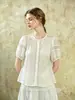 Camisa de Manga Curta com Renda Retro Francesa Nanyou 2026 para Mulheres, Gola Redonda, Manga Bufante, Blusa Cardigã Plissada