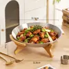 Hecho a Medida de Fábrica Marco de Bambú de Patas Altas Placa de Acero Inoxidable con Fondo Plano, Plato para Mariscos, Plato Redondo para Barbacoa, Plato Redondo para Pizza de Cocina, Plato para Frutas