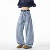 Jeans azul claro de estilo americano com barra curva para homens, calças casuais retas da moda de outono, calças largas lavadas de alta costura