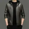 Jaqueta de Couro Masculina Outono/Inverno 2026, Casual de Negócios para Meia-Idade com Capuz, Zíper, Forro de Fleece, Casaco de Couro Espesso para Homens