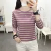 Ropa de Primavera y Otoño Cubre Vientre Top de Algodón Camiseta de Manga Larga para Mujer Holgada Talla Grande Rayas Ropa de Otoño Camiseta Base Fina Interior