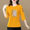 Camiseta suelta de manga tres cuartos para mujer, comercio exterior transfronterizo con superávit, para mediana edad y ancianos, top casual estampado estilo chino adelgazante