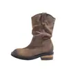 Botas de cowboy western estilo retrô para mulheres 2026, botas de cano médio com saltos grossos, botas empilhadas plissadas, botas curtas de camurça de cano médio