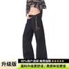 Jeans negros de mezclilla cruda con tapeta diagonal estilo americano para hombres y mujeres, pantalones vintage geniales de alta costura con bordado y dobladillo curvo