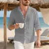 Camisa de Lino Personalización Etiquetado OEM para Hombre Casual Manga Larga Cuello Solapa Top Diseño Libre Empaque Personalizado Personalización