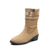 Botas de Mujer Retro Plisadas 2026 Otoño/Invierno Nuevo Estilo Punta Fina Tacón Grueso Media Pantorrilla Estilo Vaquero Botas de Caballero en Color Caqui