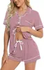Toma Real de Nuevo Conjunto de Pijama Cardigan de Estilo Europeo y Americano Transfronterizo, Conjunto Casual de Ropa de Casa para Mujer con Solapa, Conjunto de Dos Piezas con Pantalones Cortos y Manga Corta