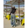 Jeans Vintage de Cintura Alta com Degradê e Perna Larga para Mulheres, Calças Casuais Retas de Comprimento Total Lavadas e Desgastadas para o Verão, Soltas e Emagrecedoras
