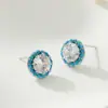 Populares Aretes Redondos Brillantes con Circonia Micro-Pavimentada, Elegantes y Versátiles Exquisitos Aretes de Turquesa Azul con Agujas de Plata S925 para Mujer