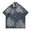 Marca Trendy de Comércio Exterior Camisa Jeans de Manga Curta com Lavagem Antiga e Design em Degradê para Homens e Mulheres Camisa Retrô Europeia e Americana Solta BF