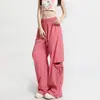 Pantalones de encaje desgastado con cordones para mujer, temporada de otoño, pantalones deportivos rectos irregulares rosas para mujer petite, pantalones anchos holgados adelgazantes para mujer