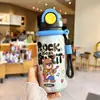 Nueva botella de agua térmica elegante y linda con temática de dibujos animados para niños, con un diseño de doble pajita para beber, perfecta para que los estudiantes la usen en la escuela o para actividades al aire libre