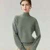Suéter Feminino Simples Versátil de Lã de Caxemira Cor Sólida Espessa de Dupla Trama Gola Meia-Alta Manga Longa Tricô Raglan 100% Caxemira de Cabra
