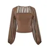 Camisa de Manga Larga con Malla Patchwork y Mangas de Farol para Mujer Estilo Hot Girl, Nuevo Top Fresco y Ligeramente Transparente Verano 2026