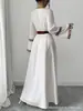 Vestido blanco bordado estilo étnico para mujer de talla grande transfronterizo, manga larga, cintura ajustada, detalle de corbata, escote cuadrado, elegante vestido largo, estilo nuevo